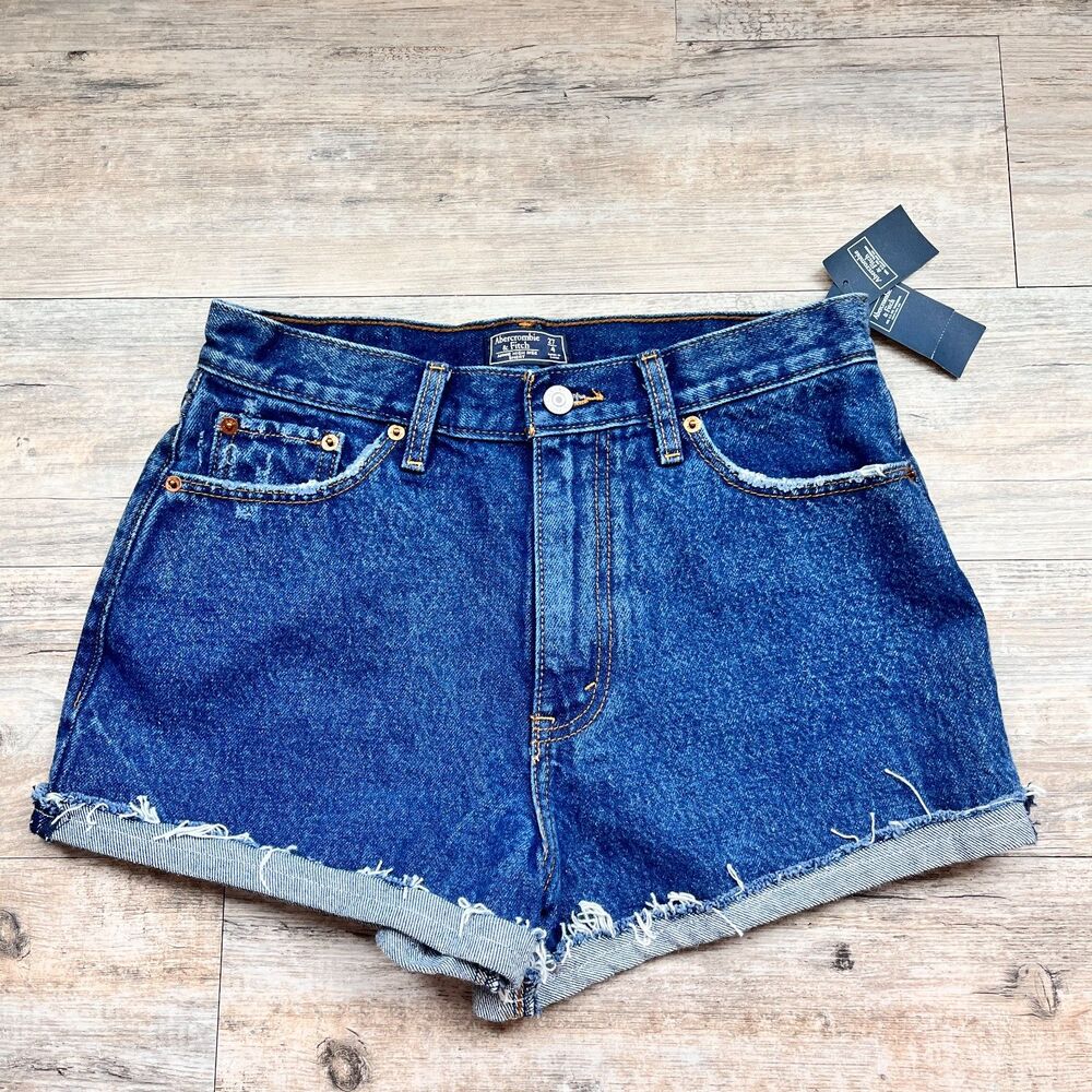 Abercrombie & Fitch Annie High Rise Denim Shorts Size 27 Dark Wash Raw Hem NWT